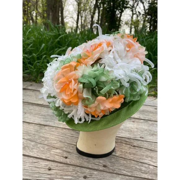 Vintage 1960s Millinery Flower Bucket Hat Peach and Green